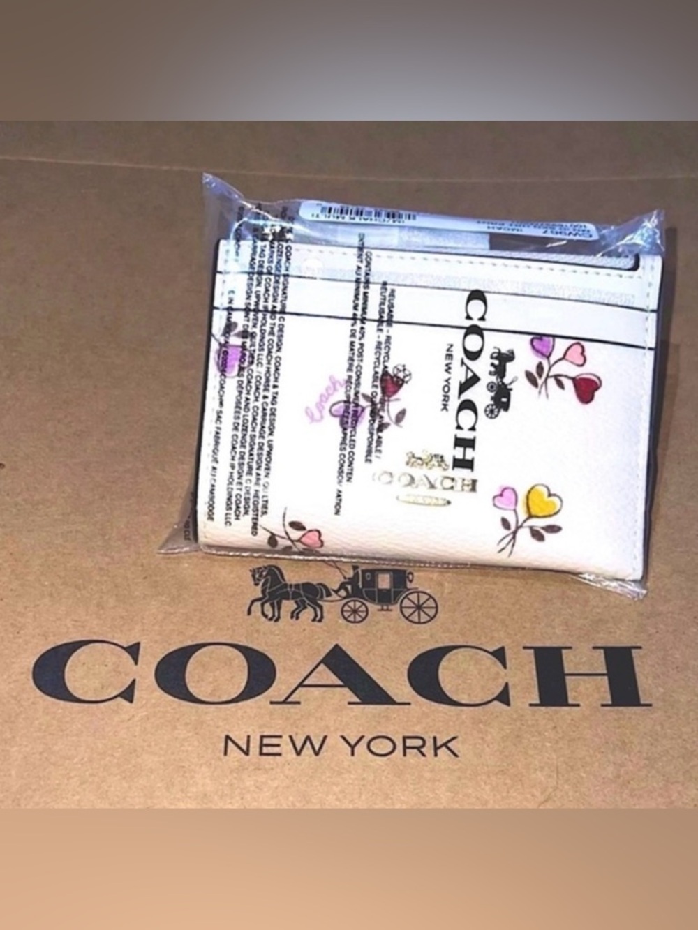 COACH Mini Skinny ID Card Case Wallet & Keychain CW967 Heart Print Gold Hrdw NWT